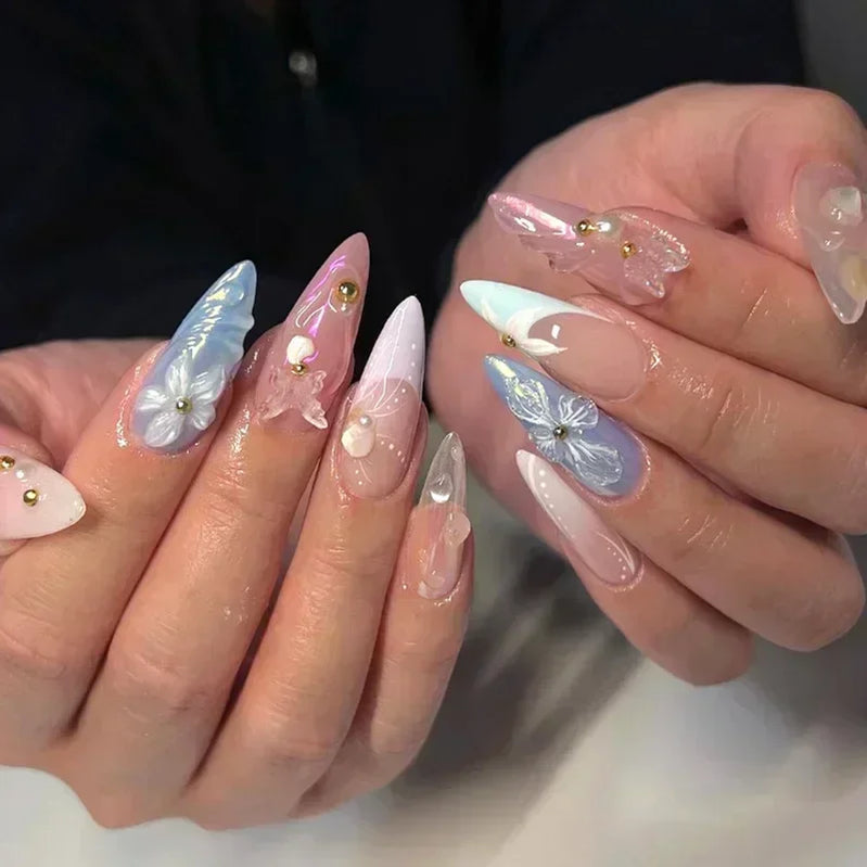24pcs Short Almond Press on Nails 3D Flower Butterfly Fake Nails with Glue Colorful Natural Acrylic False Nails Full Cover Nails