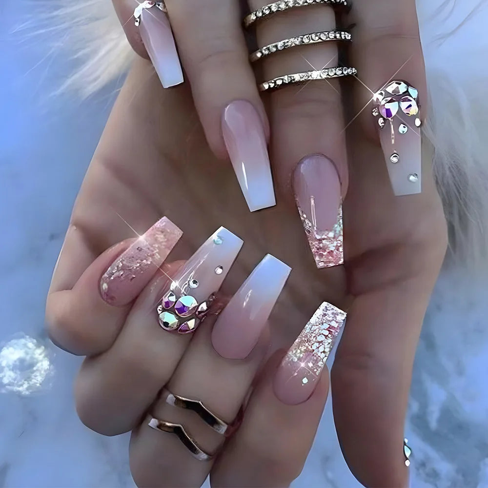 24Pcs Long Ballet False Nails with Butterfly Rhinestone Design Coffin French Fake Nails Purple Press on Nails Wearable Nail Art