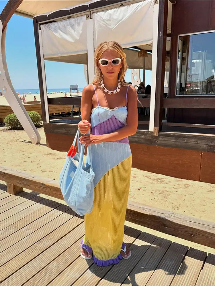 Contrast Color Patchwork Knit Dress Women Sexy Off Shoulder Sleeveless Long Dress Summer Lady Beach Holiday Party Vestidos