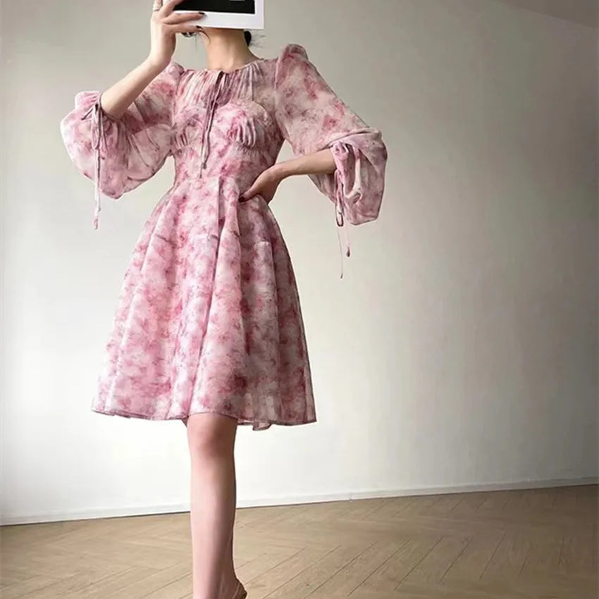 Chic French Elegant Spring Pink Printing Holiday Dress For Women Lace Up O Neck Lantern Sleeve Flower Chiffon High Waist Dresses