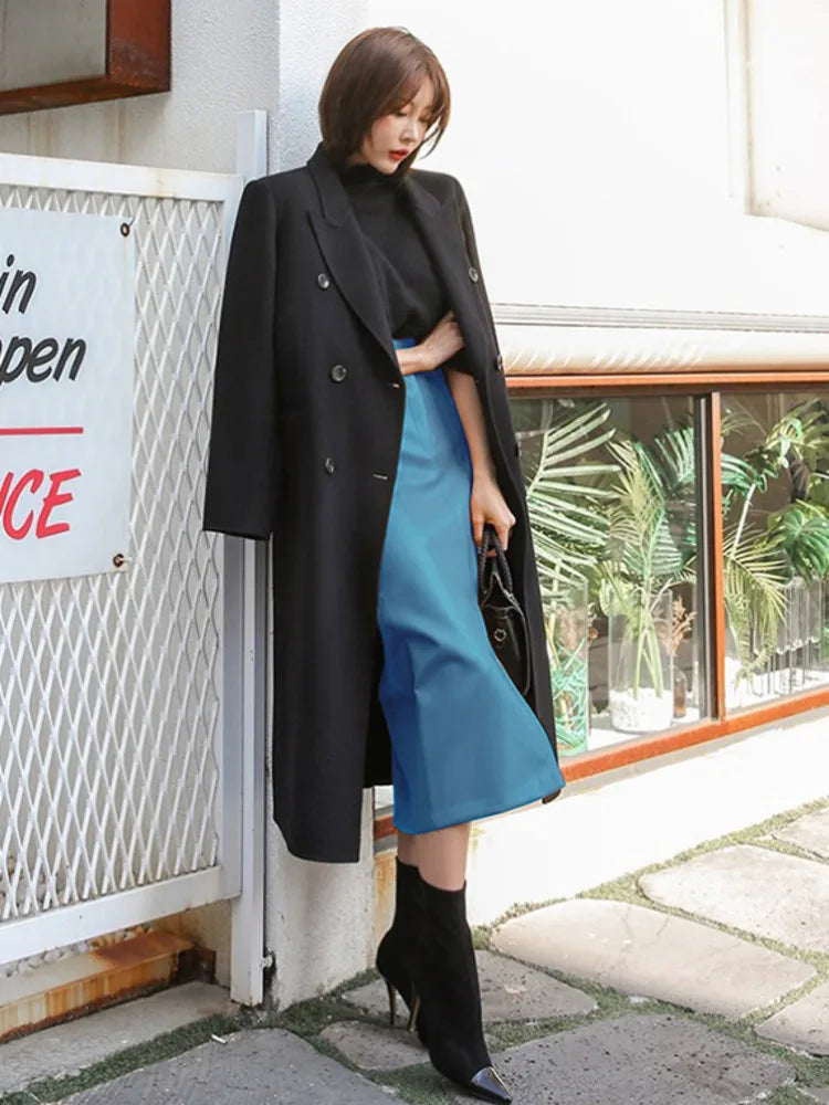 DEAT Fast Delivery New Fashion Korean Female PU Leather High Quality Mid-calf Length Spit Sexy High Waist Skirt AY095