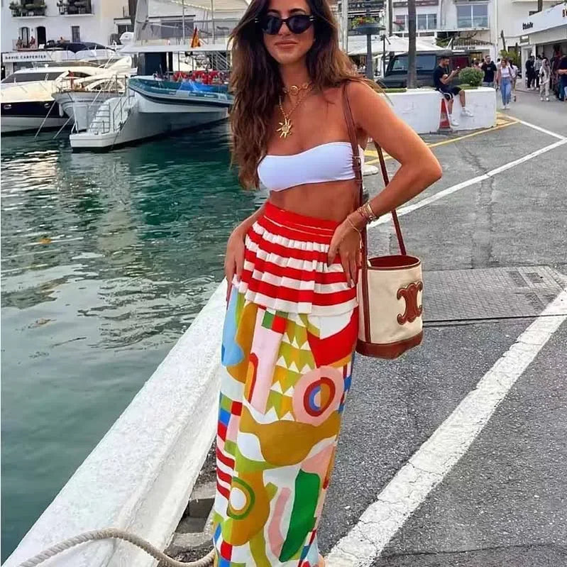 TRAF Print Skirts Women Summer Midi Skirt Ruffle Dress Elastic Waist Skirts Luxury Elegant Women's Skirts Aesthetic Skirts