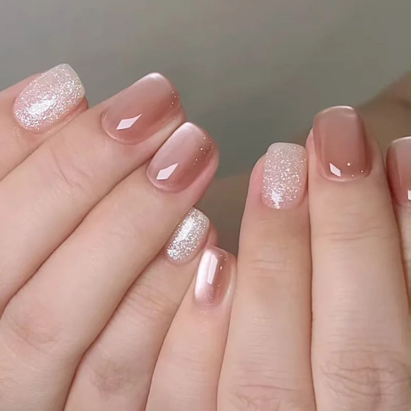 24Pcs Short False Nails with Shimmery Powder Ballet Nail Art Full Cover French Sheer Wearable Nail Manicure Tips for Girls Daily