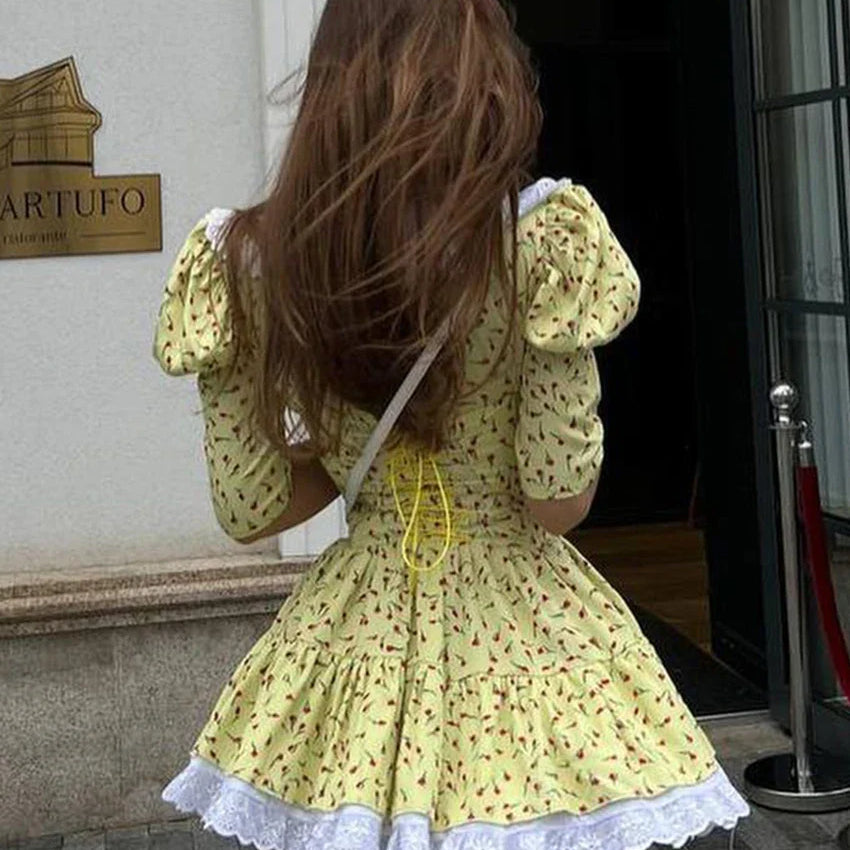 Clacive Summer Slim Print Women'S Dress Bodycon Doll Collar Short Sleeve Mini Dresses Elegant Lace Patchwork Female Dress