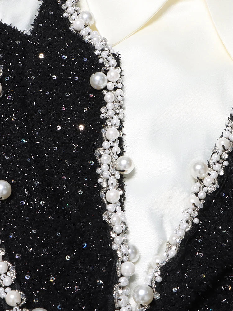 TWOTWINSTYLE Colorblock Patchwork Sequins Dress For Women Lapel Long Sleeve High Waist Spliced Pearls Elegant Dresses Female New