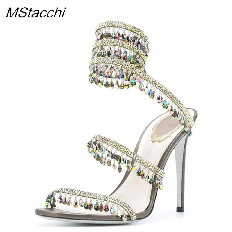 Crystal Wrap Sandals Women Summer Wedding Shoes High Heel Party Shoes Ankle Strappy Sandals Designer Stiletto Heel Shoes