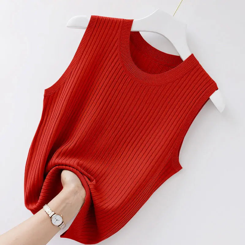 Summer Ice Silk Vest Women's Korean Version Solid Color Knitted Thin Loose Temperament Round Neck Sleeveless Top for Outer Wear Red
