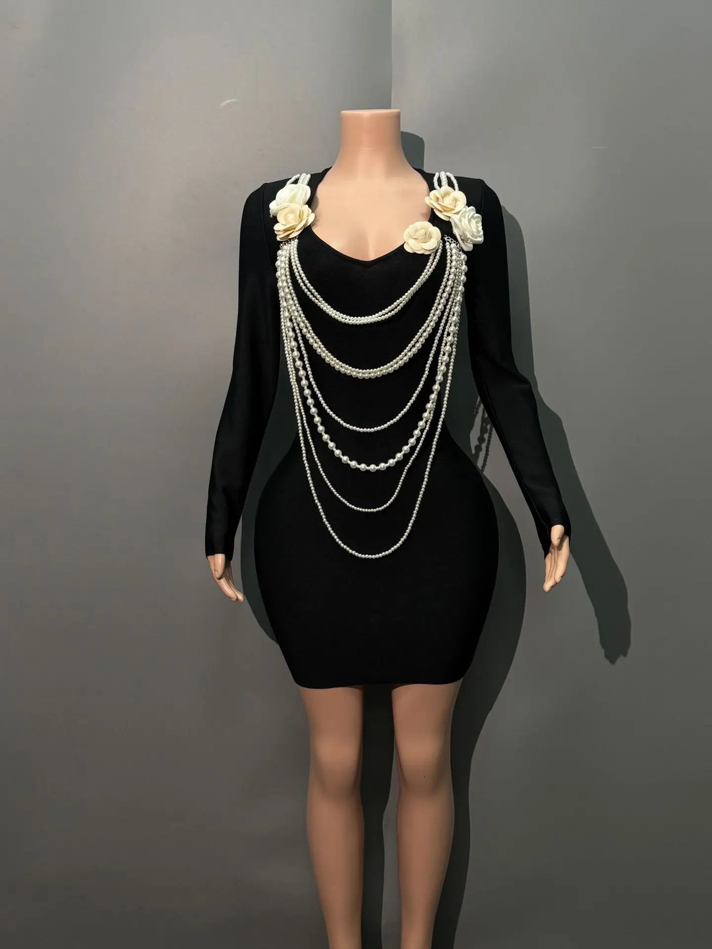 Black Color Women Long Sleeve Pearl Beading Bodycon Mini Bandage Dress Nightclub Party Celebrate Birthday Vacation Outfit