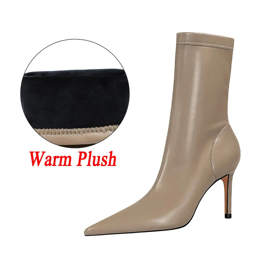 Women 7.5cm 10cm High Heels Leather Boots Lady Low Heels Short Ankle Boots Stripper Winter Warm Snow Plush Pointed Toe Shoes Khaki-Plush-8cm