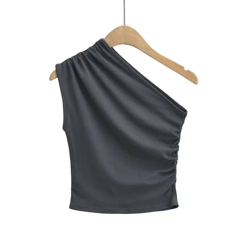 Wrinkle Sloping Shoulder Camisole Vest Women Clothes One-Shoulder Sleeveless Crop Top Skinny Sexy Solid All-matc One Shoulder Grey