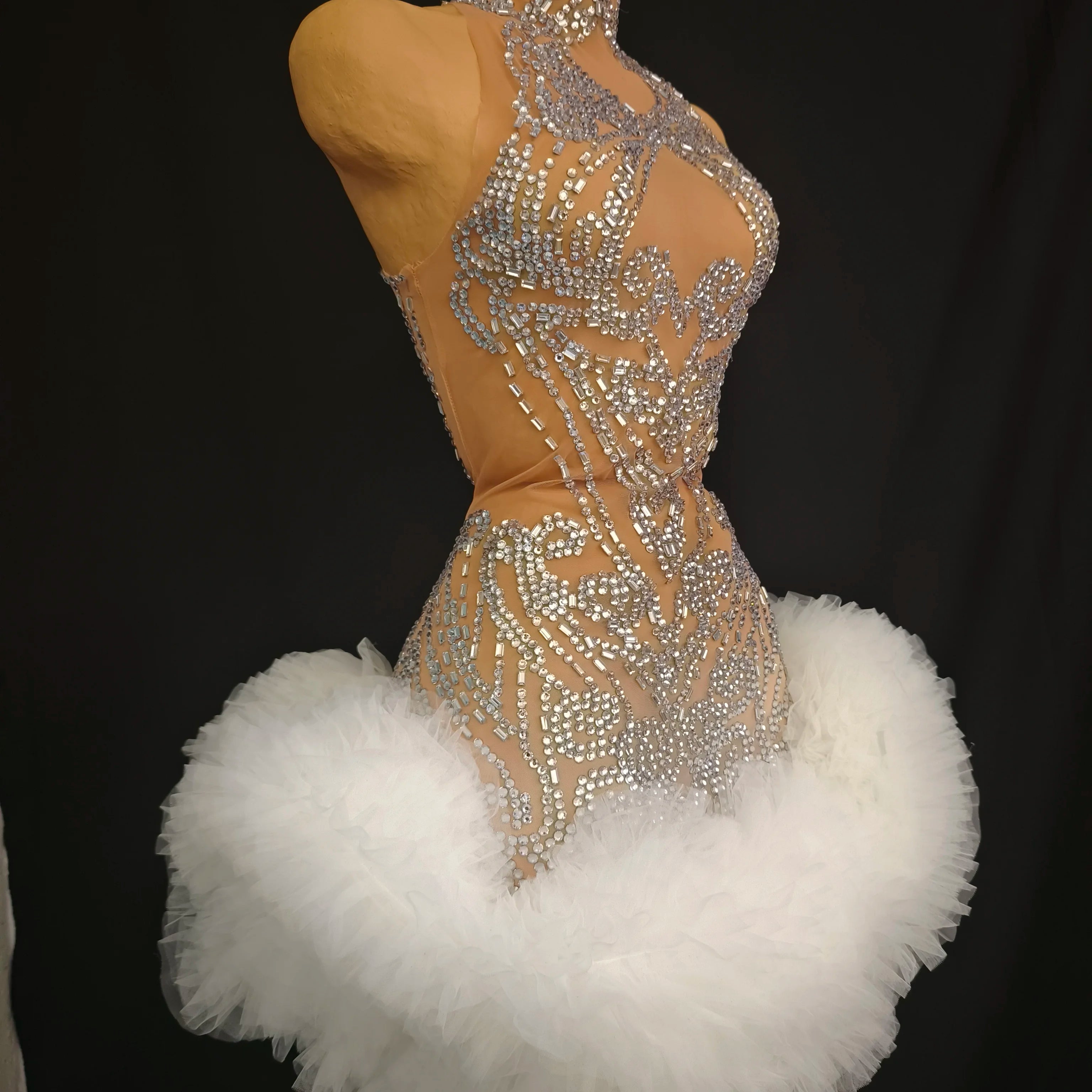 Women Sexy Mesh Nude Stretchy Sleeveless Night Club See Through Singer Dancer tage Costume Mini Party Dress