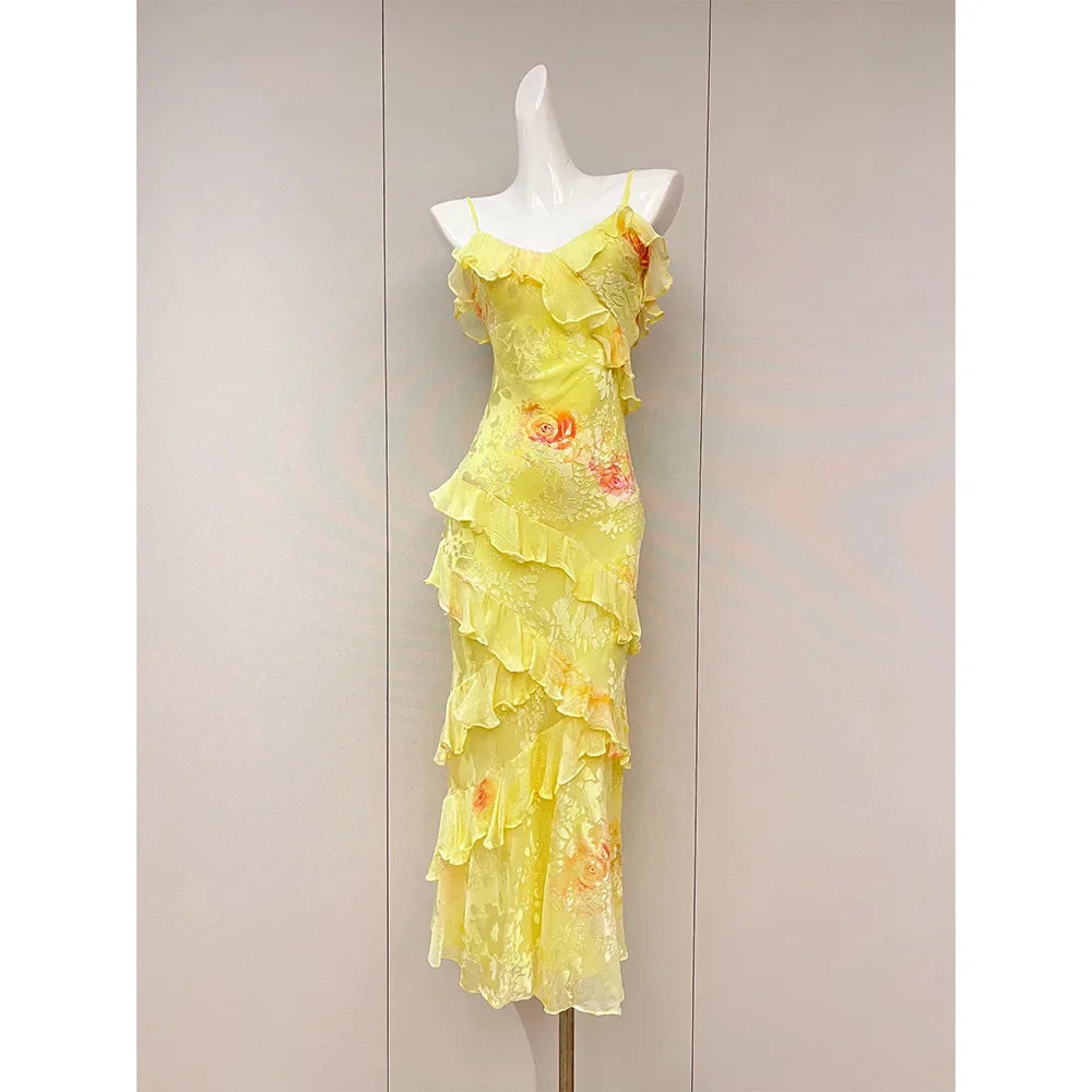 High Quality! Floral Slim Halter Dress Women Summer New Seaside Holiday Beach Ruffle Halter Long Skirt Yellow