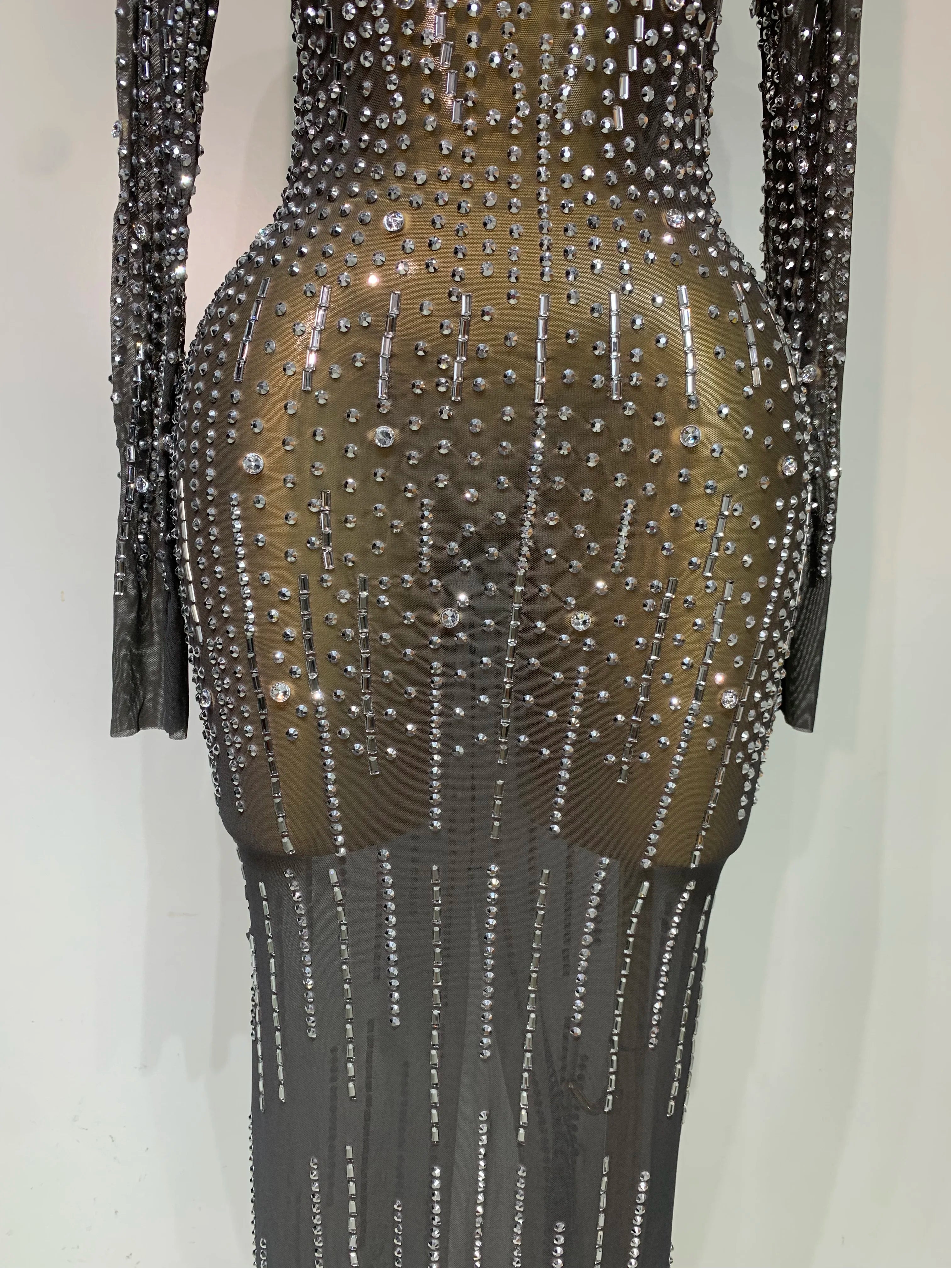 Women Sexy Long Sleeve Mesh See Through Dress 2025 Elegant Evening Party Luxury Birthday Club Rhinestone Performance Costume