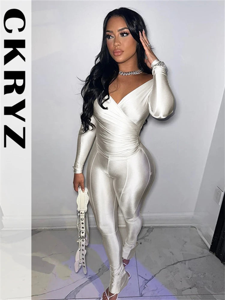 Ladies Off Shoulder Night Clubwear Y2K 2 Piece Long Sleeve V-Neck Folds Tees+Pencil Pants Fashion Club Streetwear Women Outfits