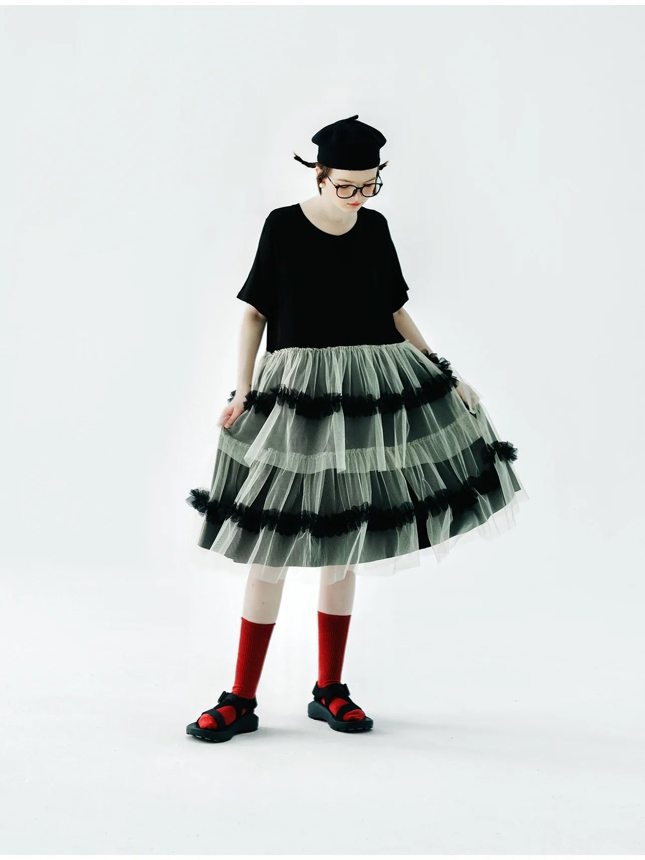 IMAKOKONI Original Design Black Short Sleeve Dress Mesh Splice Casual Loose Fit Dress 234147