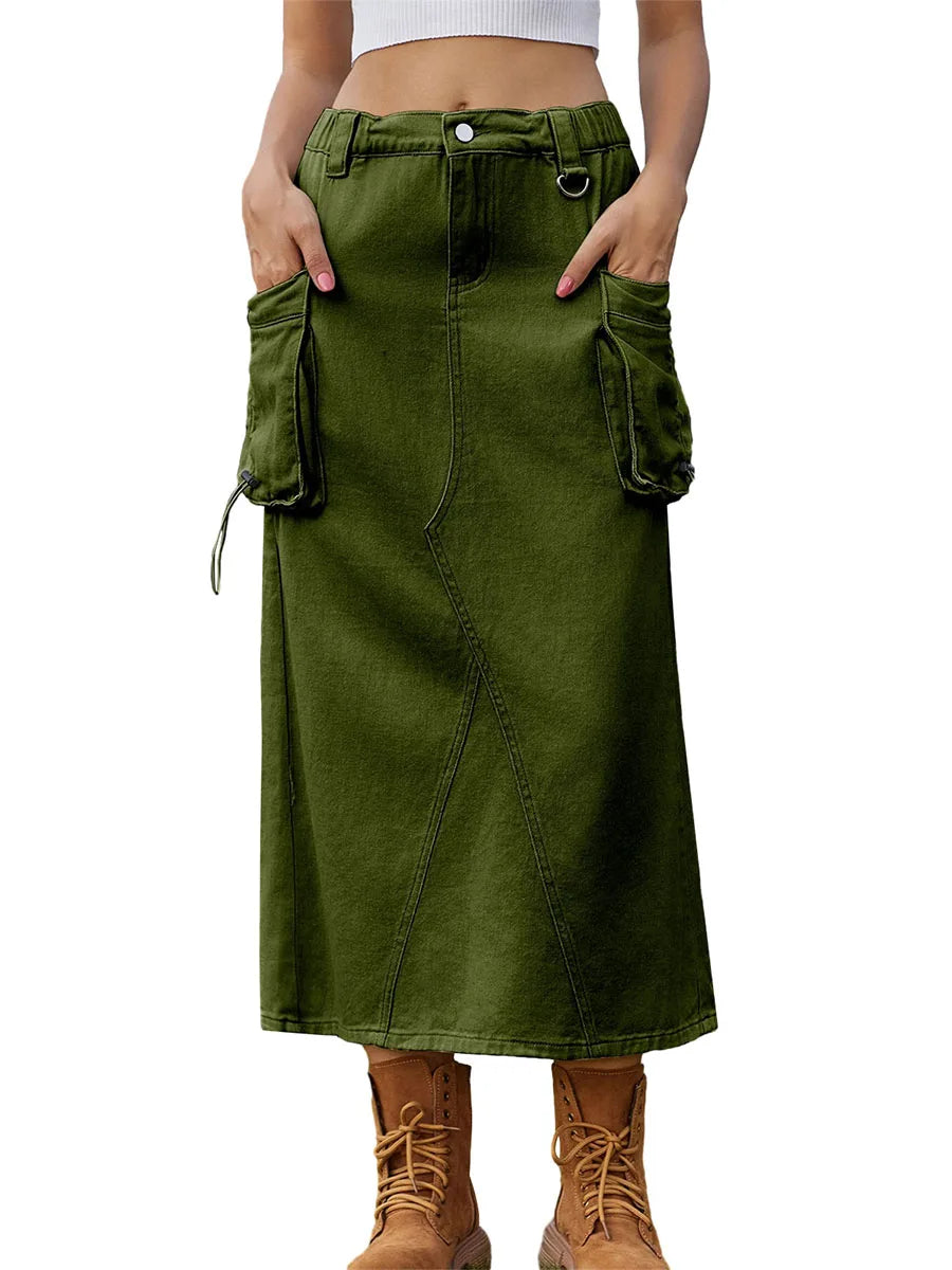 Edhomenn Women s Midi Cargo Skirt Solid Color Drawstring Denim Skirt with Pockets Y2k Long Skirt Streetwear