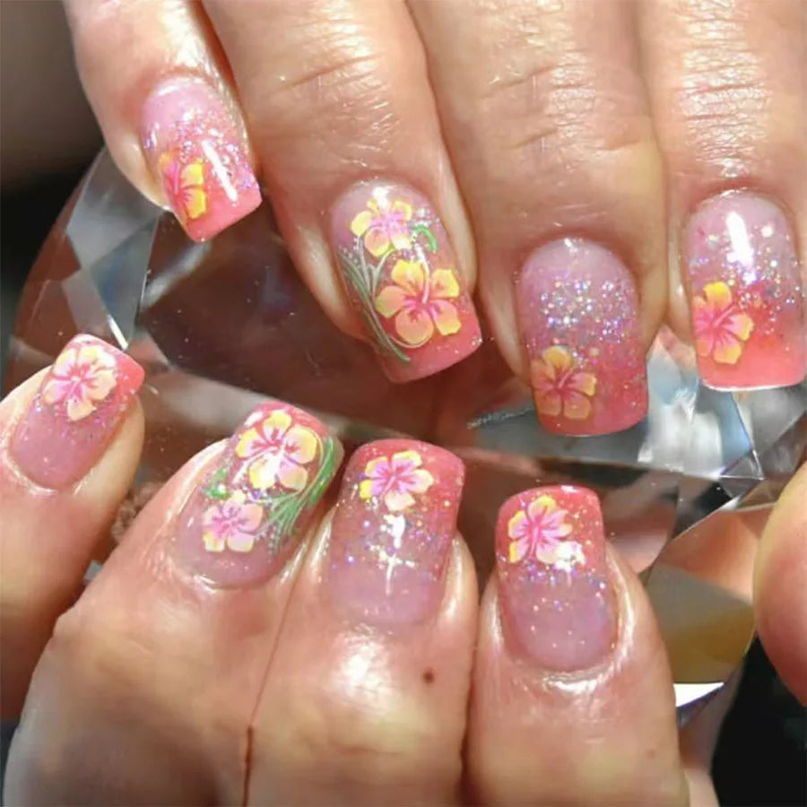24Pcs Colorful French Press on Fake Nails with Glue Short Square Nail Art Tips Flower Design Wearable Full Cover False Nails