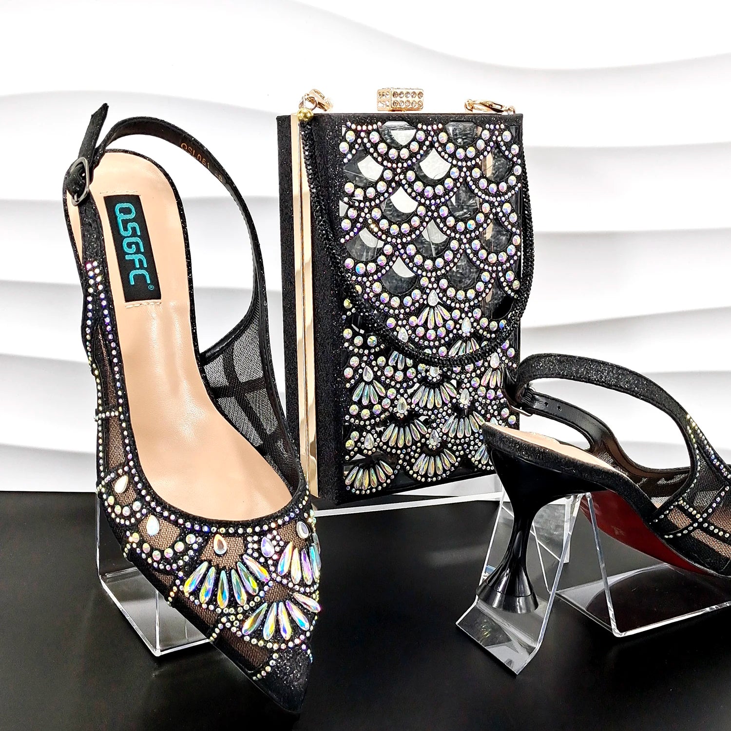 Hiking Sandals Women's Elegant Party Shoes High Heels Hollow Shoe Pocket Design with Shiny Rhinestone Decoration BLACK