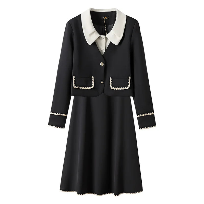 150Kg Plus Size Women's Bust 150 Autumn New Small Fragrant Top Coat And Skirt Two Piece Set Black 5XL 6XL 7XL 8XL 9XL