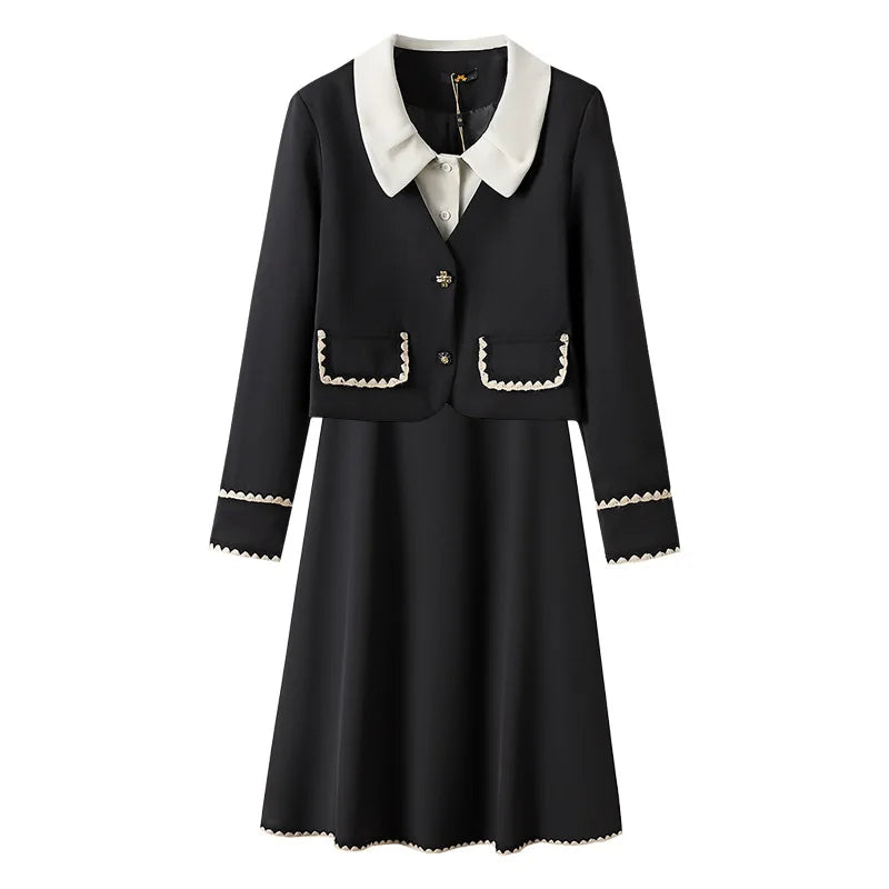 150Kg Plus Size Women's Bust 150 Autumn New Small Fragrant Top Coat And Skirt Two Piece Set Black 5XL 6XL 7XL 8XL 9XL