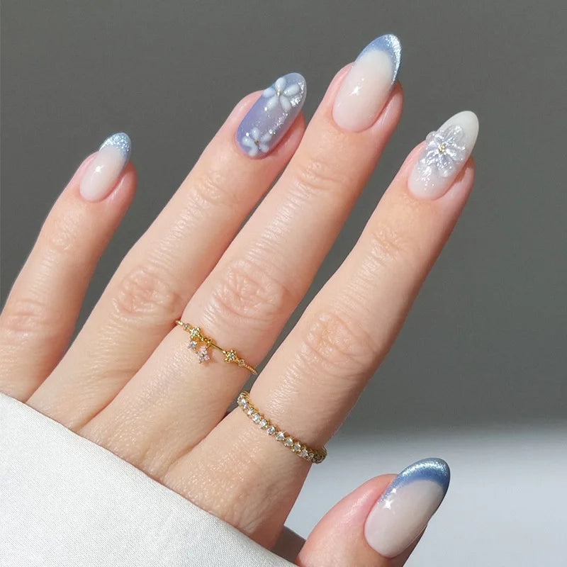 24Pcs Mid-length French Almond Fake Nail with Shiny Powder Design False Nail Art 3D Shell Pattern Datachable Press on Nails Tips