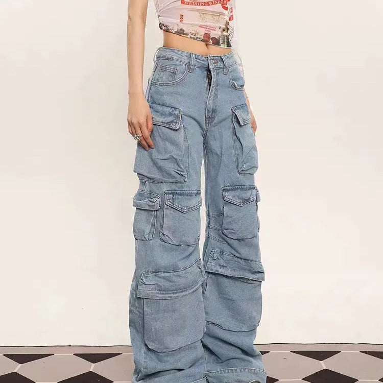 Grunge Punk High Street Style Oversized Cargo Jeans Women Spring Autumn Y2K Korean Fashion Pockets Loose Denim Boyfriend Pants