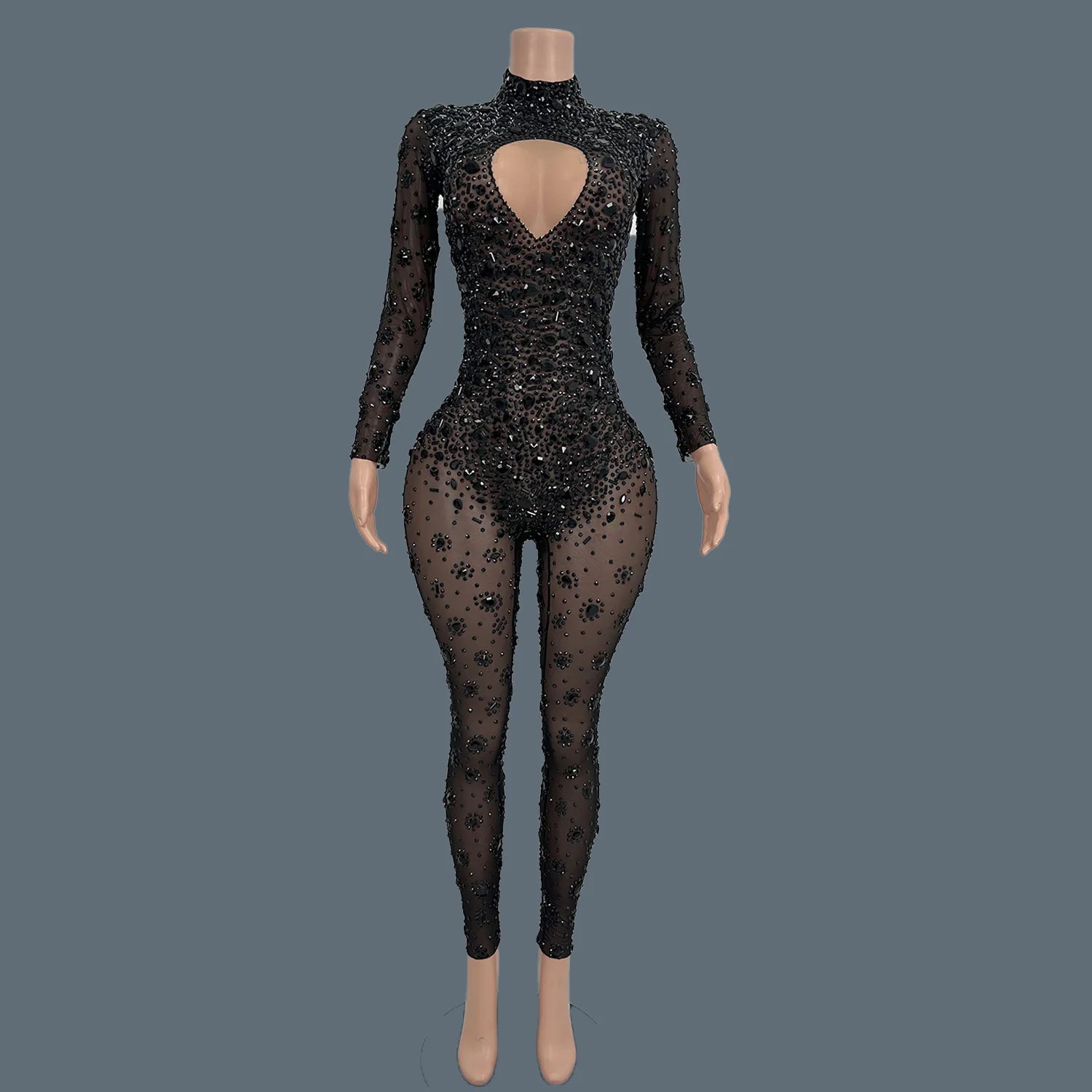 Sparkly Rhinestone See Through Mesh Tight Fitting Jumpsuit Women Night Party Outfit Female Singer Stage Performance Wear Cuican