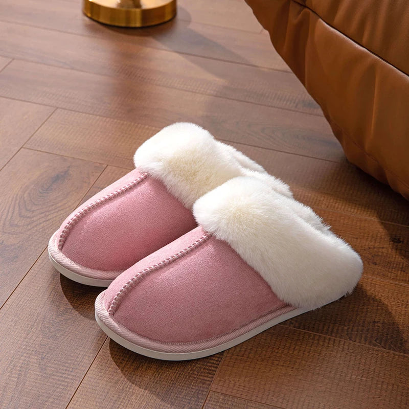 Winter Warm Flat Fur Slippers Women Faux Suede Fluffy Furry Home Slides Woman Comfort Non Slip Indoor Floor Cotton Shoes Pink