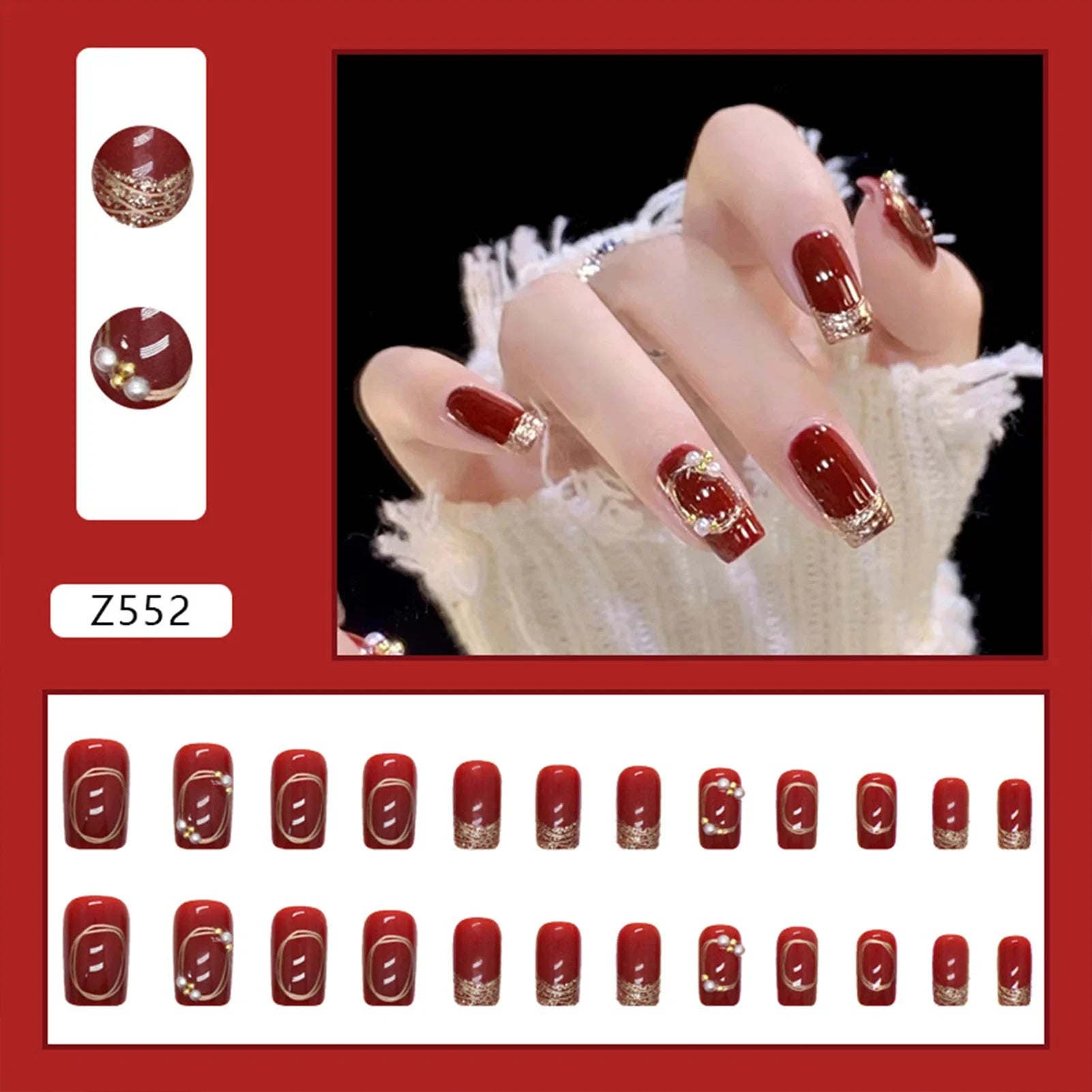Women New Year Party Wine Red Fake Nails 24Pcs Gold French Press On Nails Short Square Wearable False Nails Patches DIY Manicure