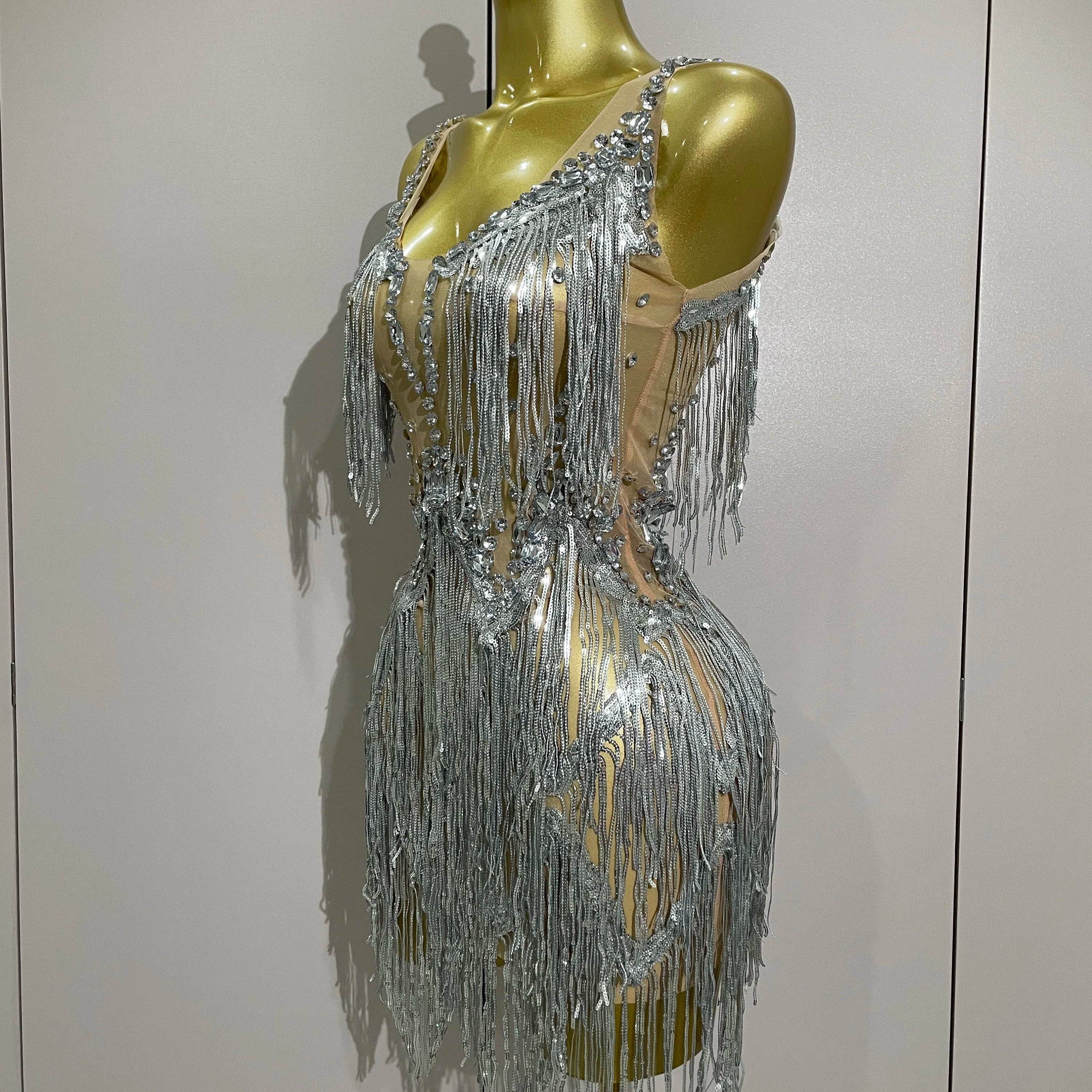 Sparkly Rhinestone Tassels Sexy Mesh Mini Dress 2025 Women Evening Birthday Party Dresses Nightclub Performance Stage Costume