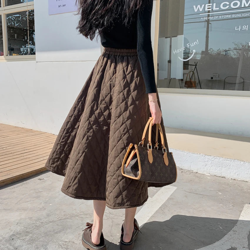 Winter Down Padded A-line Skirt Women Black Solid Pockets Long Skirts Thickening Warm Bottoms Jupe Chic Female