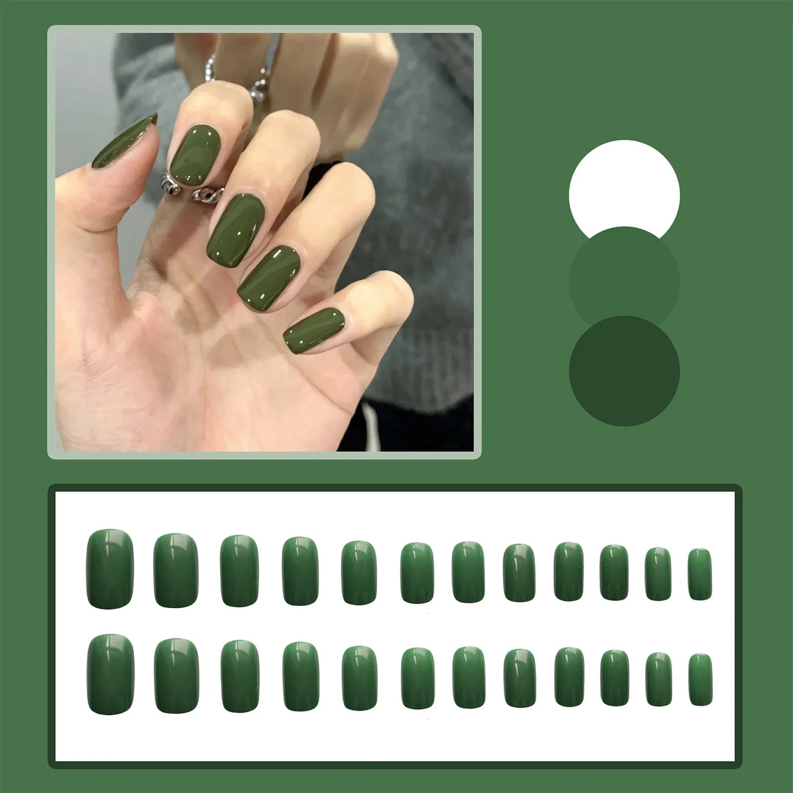 24Pcs Green False Nails Medium-length Square Press On Nails Solid Color Full Cover Acrylic Fake Nails Patches for Women Girls