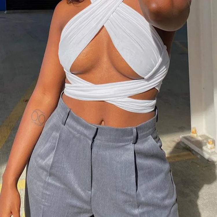 Women Strappy Cross Over Front Cut Out Halter Neck Sleeveless Backless Wrap Crop Top Bandage Vest Summer Sexy Tops Woman Clothes