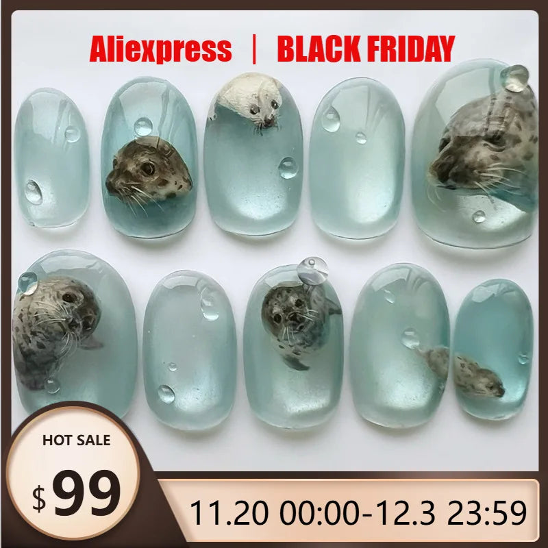 24pcs Cat's Eye Summer Ocean Cute Seal Press on Nails Short Manicure Wearable Nail for Women and Girls False Nail