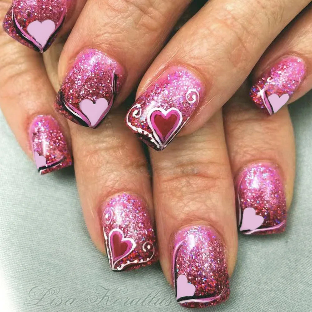 24pcs/set short Medium fake nails square ballet almond nail tips pink beautiful heart for Valentine's Day press on false nails