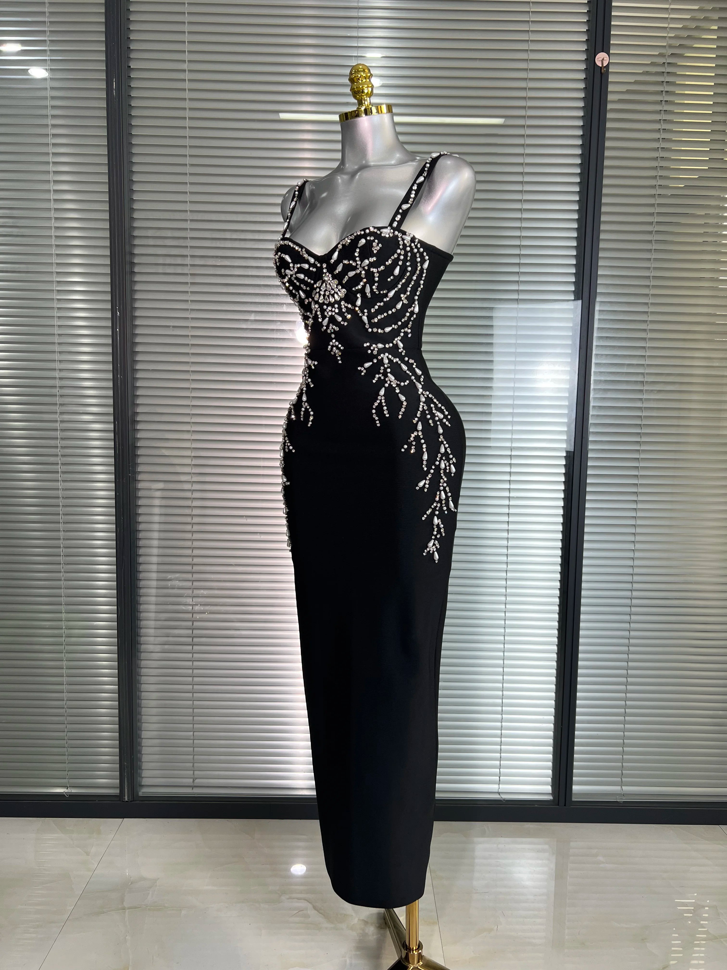 Summer New 2025 Women Black Long Bodycon Bandage Dress Crystal Evening Party Dress Vestido