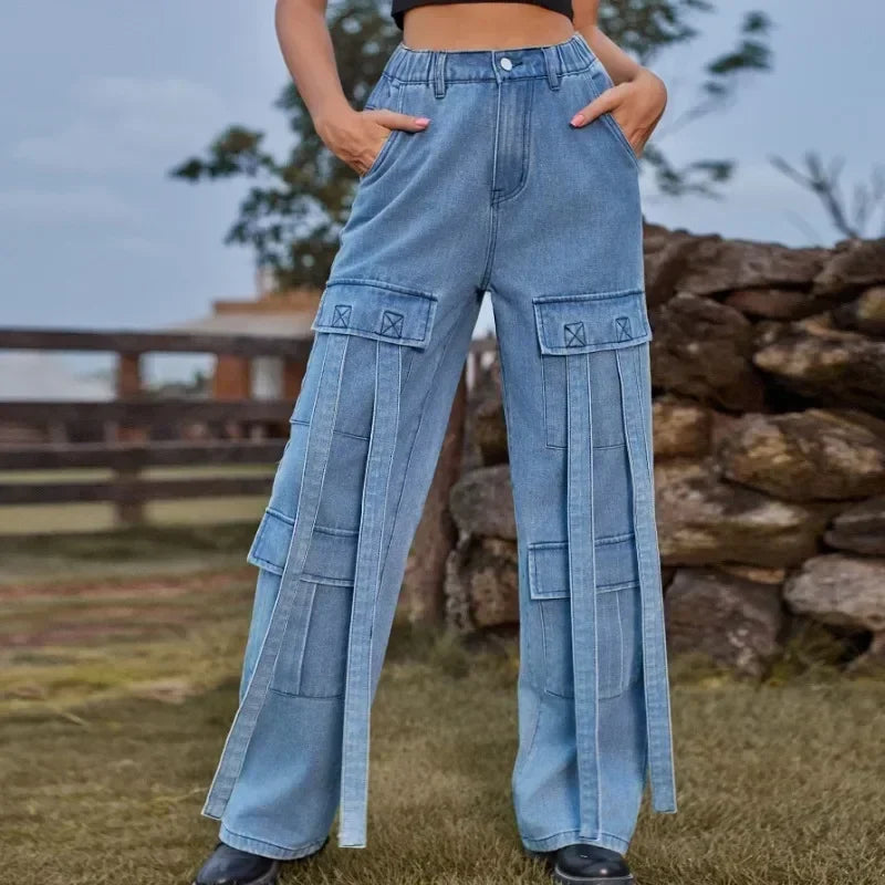 Heavy Work Ribbon Design Denim Work casual pants Women's New Wash Vintage Personalized