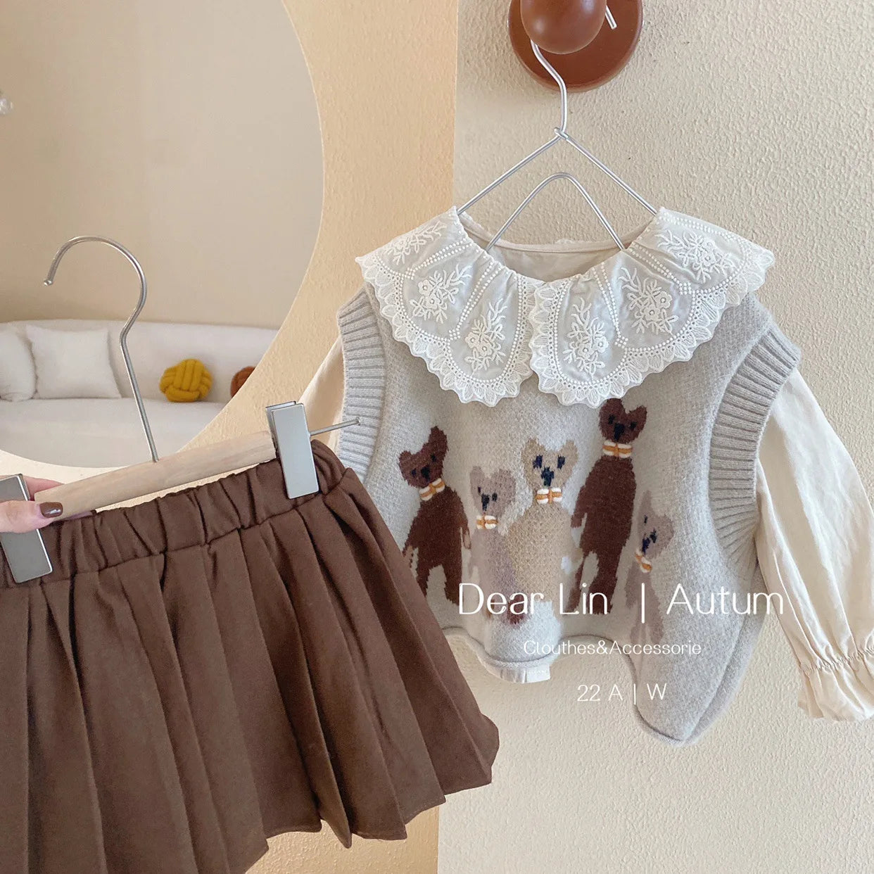 Girls Sweet Suits Autumn Outfit Baby College Spring Pleated Skirt+Sweater Vest+Shirt 3Pcs Sets Kids