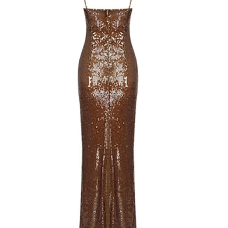 Vestido longo longo estilo verão feminino, sexy, sem mangas, costas nuas, malha, lantejoulas, marrom, bodycon, elegante, para festa à noite