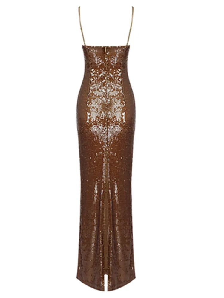 Vestido longo longo estilo verão feminino, sexy, sem mangas, costas nuas, malha, lantejoulas, marrom, bodycon, elegante, para festa à noite