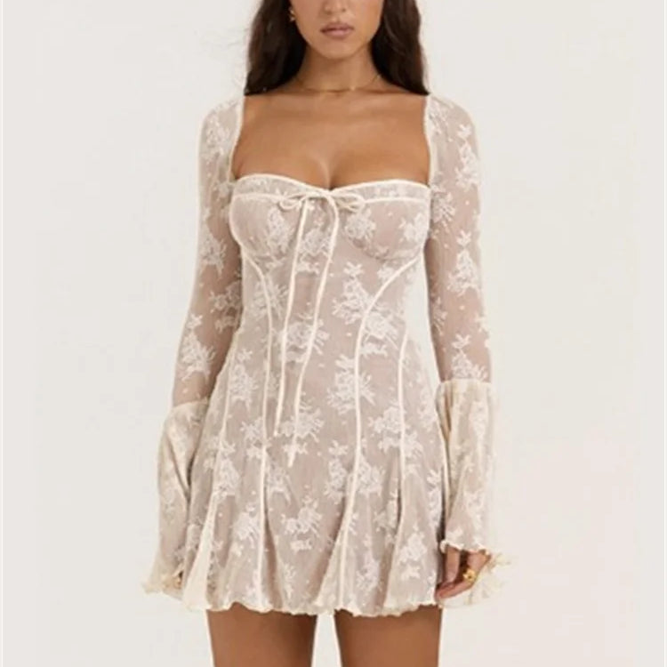 New Fashion Square Collar Long Flare Sleeve Backless Loose Club Party Dress Elegant Print Mini A-line Dress For Women Summer