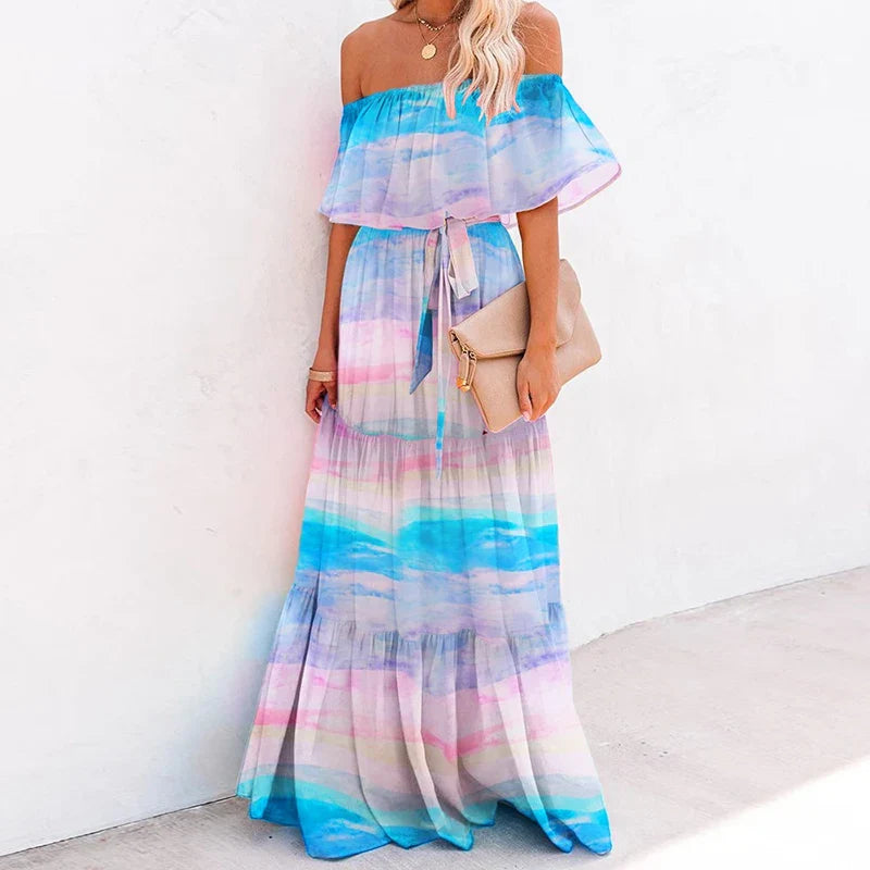 Multicolored Bohemian Ruffled Off Shoulder Self Belted Party Dress Cotton Tunic Women Boho Maxi Dresses Vestidos A324 Sky blue