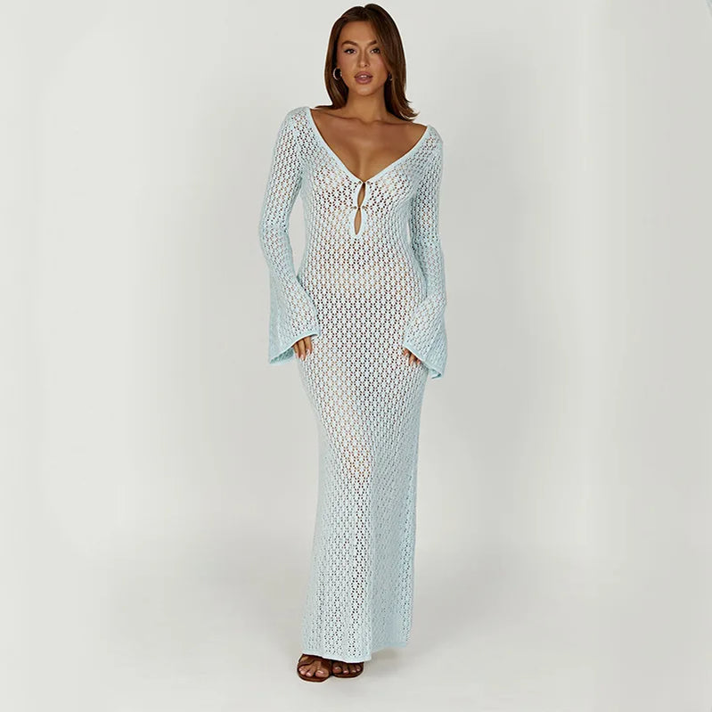 Sexy Women Long Knit Beach Dress Hollow-Out Deep V-Neck Long Sleeve Bikini Cover-Ups Dress Fall Backless Holiday Dress Light Green