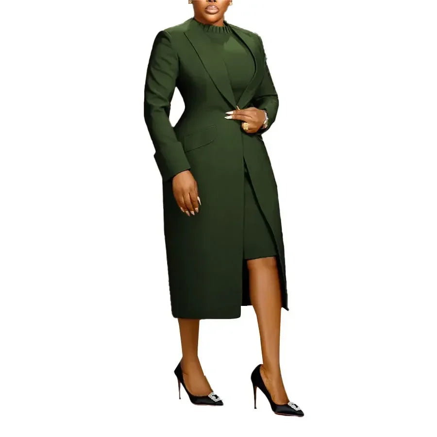 CM.YAYA Women's Set Full Sleeve Long Blazer Coat+ Long Dress Suit 2025 Winter Streetwear Two 2 Piece Set Africa OL Work Outfits