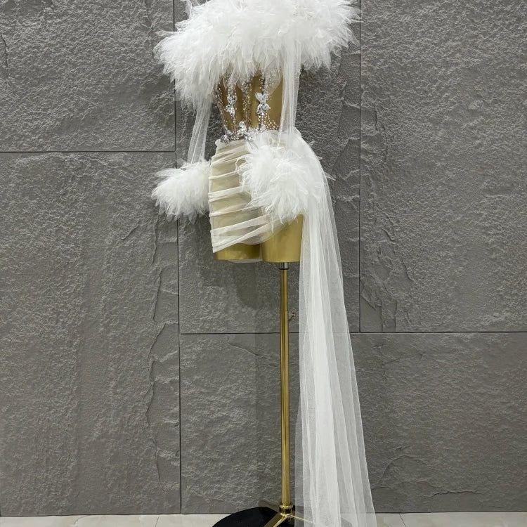 White Purple Women Sexy Mesh Ruffles 2 Pieces Bodycon Mini Dress See Through Celebrate Nightclub Party Bar Singer Stage Wear