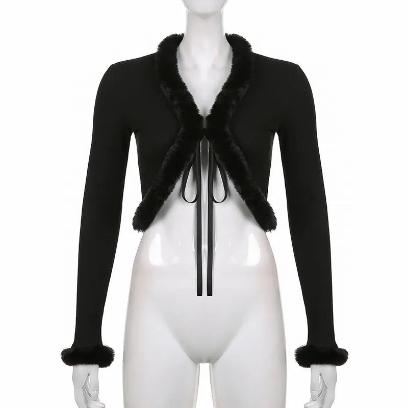 Women's Y2k Cropped Cardigan Sweater Long Sleeve V-Neck Faux Fur Trim Tie-up Crop Top Open Front Knitted Coat Vintage Streetwear black