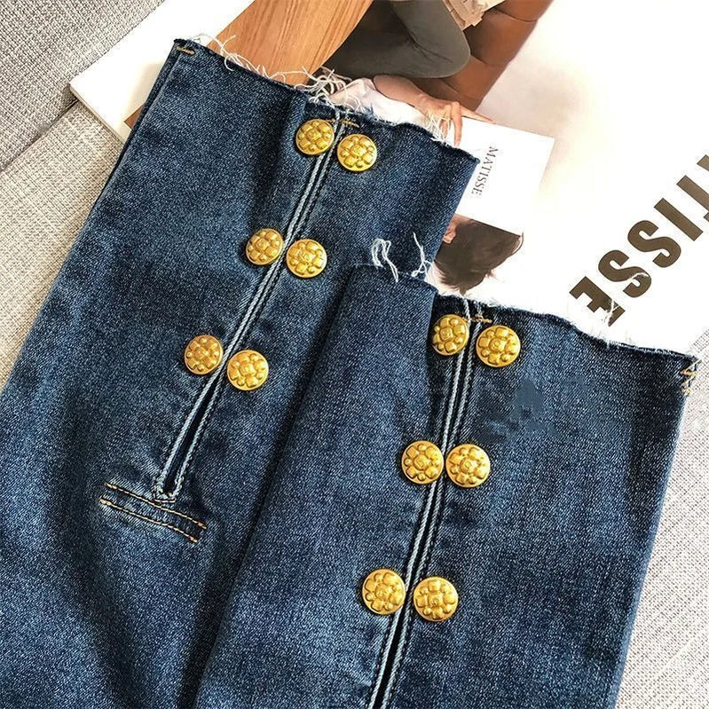 Gold Metal Button Jeans Women's High Waist Loose Slim Chain Lock Belt Pants Pure Cotton Wool Solid Color Elastic Beige Luxury 24