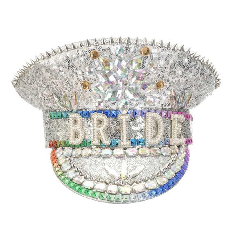 Rhinestones Bridal Hat for Wedding Glittering Fedora Sequin Hat Novelty-Party Hat Holiday Captain Hat for Bridal Shower 57cm 3