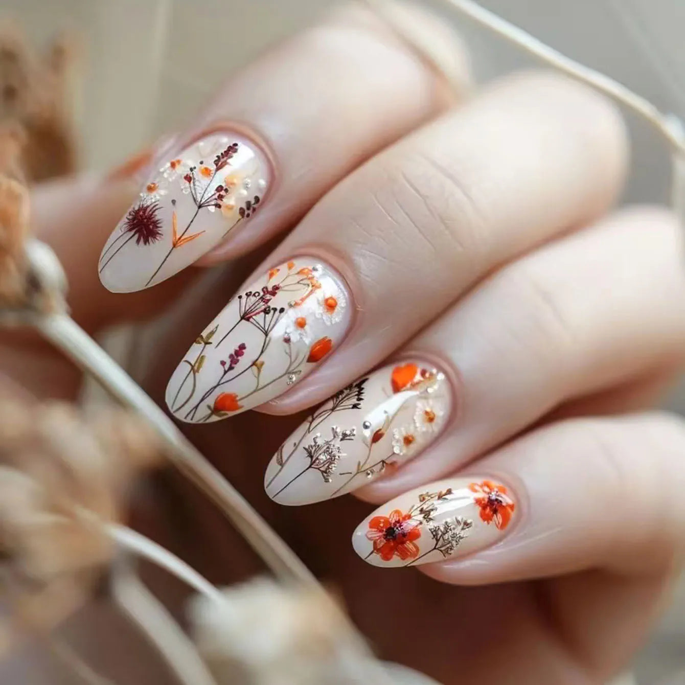 24Pcs Simple Almond Nails Tips Fresh Colorful Flower Design False Nails Wearable Oval Fake Nail Short Full Cover Press on Nails