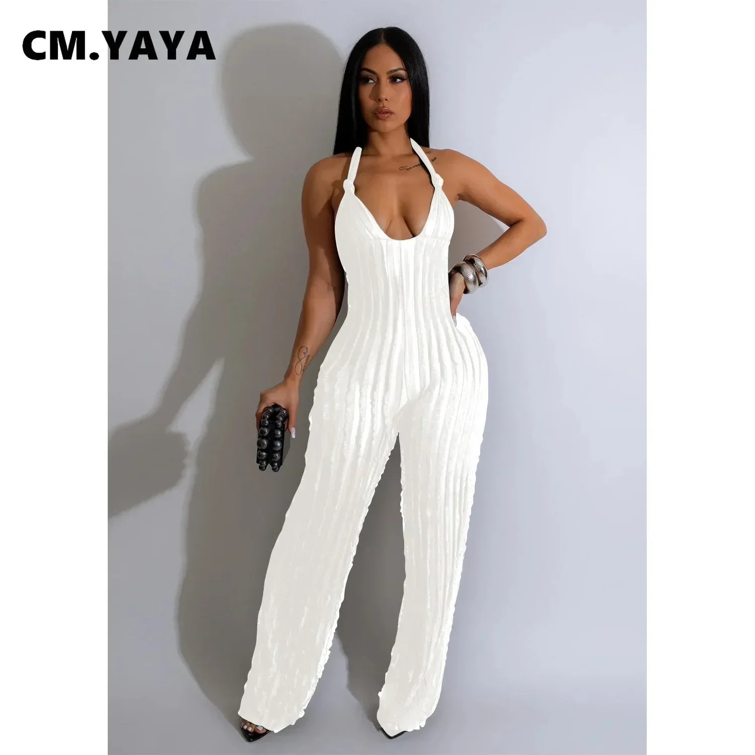 CM.YAYA Fashion Ruffles Women Halter Deep V-neck Backless Wide Leg Jumpsuit 2023 Sleeveless Chic Playsuit One Piece Suit Romper